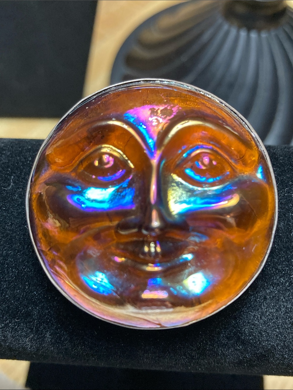 Rare Iridescent Amber Moon Face Necklace Pendant - Unbranded